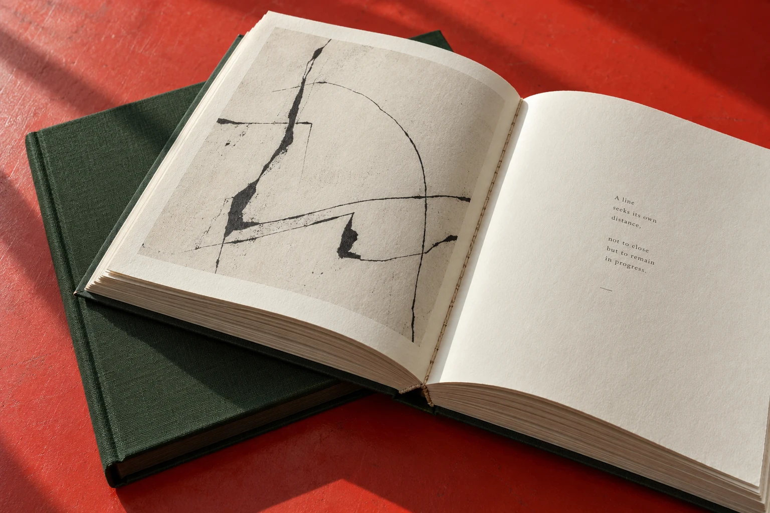 An open concept art book showing paper, binding, and typography on a red tabletop