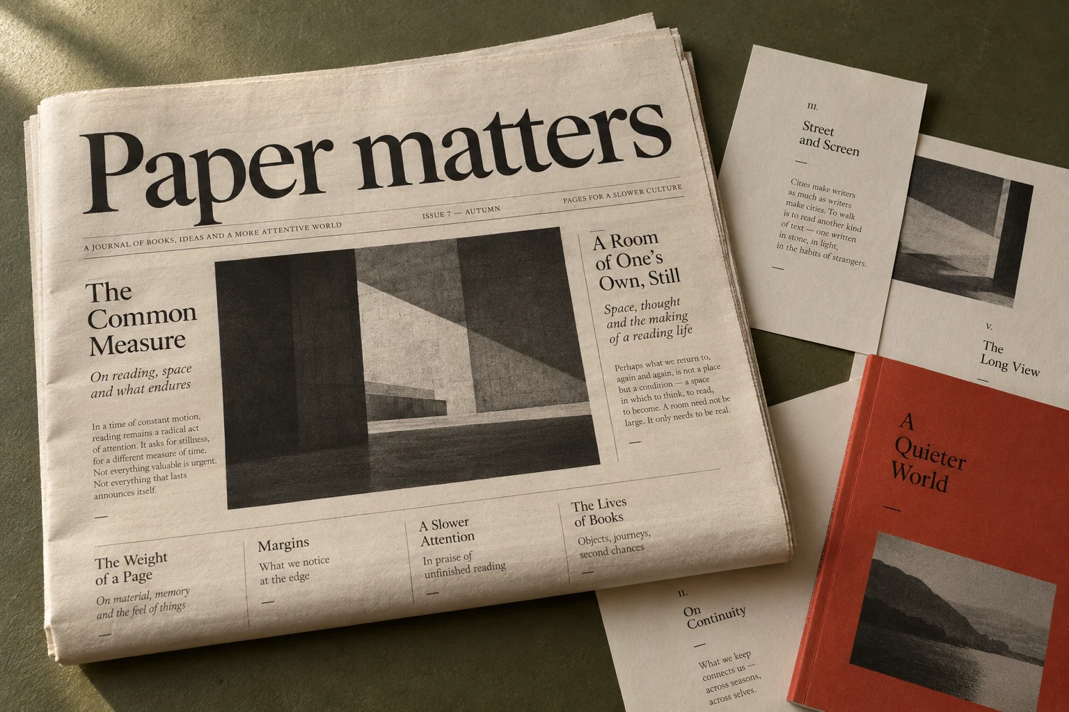 An original concept literary newspaper and printed proofs on an olive table